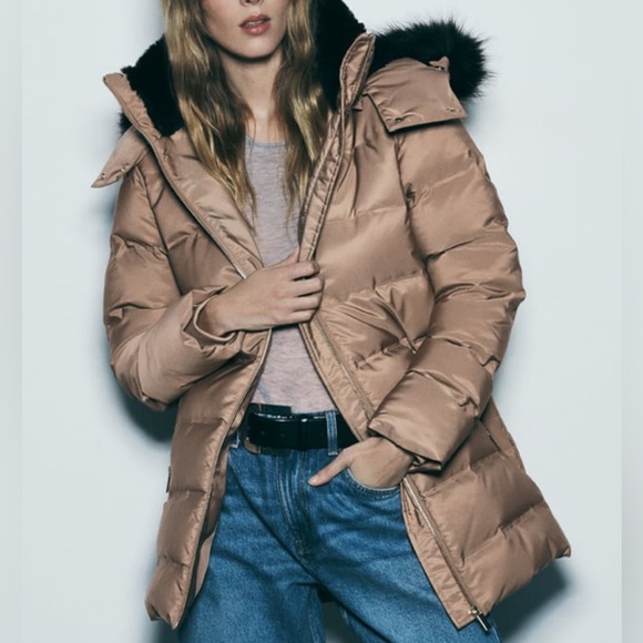 Zara KHAKI LONGLINE HOODED QUILTED JACKET - Picture 11 of 16